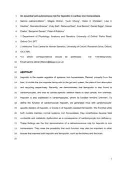 1 an Essential Cell-Autonomous Role for Hepcidin in Cardiac Iron Homeostasis 1 Samira Lakhal-Littleton 1*, Magda Wolna 1, Yujin
