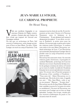 JEAN-MARIE LUSTIGER, LE CARDINAL PROPHETE De Henri Tincq