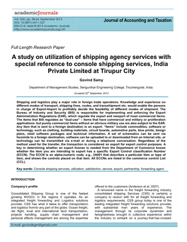 A Study on Utilization of Shipping Agency Services with Special Reference to Console Shipping Services, India Private Limited at Tirupur City