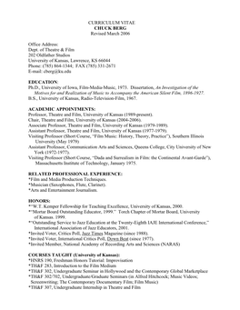 CURRICULUM VITAE CHUCK BERG Revised March 2006 Office Address