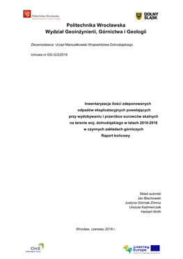 Politechnika Wrocławska Wydział Geoinżynierii, Górnictwa I Geologii