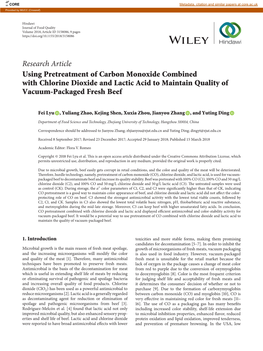 Research Article Using Pretreatment of Carbon Monoxide Combined with Chlorine Dioxide and Lactic Acid to Maintain Quality of Vacuum-Packaged Fresh Beef