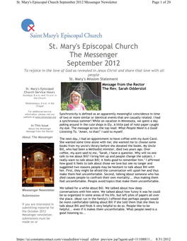 St. Mary's Episcopal Church the Messenger September 2012 to Rejoice in the Love of God As Revealed in Jesus Christ and Share That Love with All People St