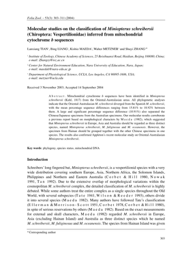 Molecular Studies on the Classification of Miniopterus Schreibersii (Chiroptera: Vespertilionidae) Inferred from Mitochondrial Cytochrome B Sequences