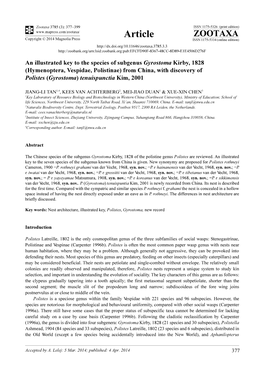 Hymenoptera, Vespidae, Polistinae) from China, with Discovery of Polistes (Gyrostoma) Tenuispunctia Kim, 2001