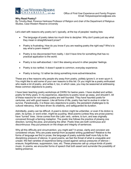 Why Read Poetry? by Timothy Beal, Florence Harkness Professor of Religion and Chair of the Department of Religious Studies, Case Western Reserve University