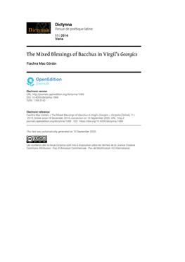 Dictynna, 11 | 2014 the Mixed Blessings of Bacchus in Virgil’S Georgics 2