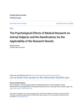 The Psychological Effects of Medical Research on Animal Subjects and the Ramifications for the Applicability of the Research Results