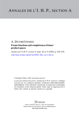 Frame Functions and Completeness of Inner Product Spaces Annales De L’I