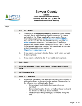 Public Safety Committee Meeting Thursday, March 4, 2021 @ 9:00 AM Assembly Room/Virtual Meeting