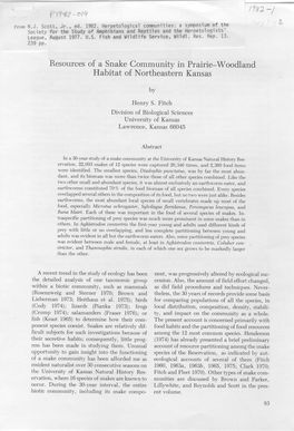 Resources of a Snake Community in Prairie-Woodland Habitat of Northeastern Kansas