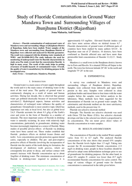 Study of Fluoride Contamination in Ground Water Mandawa Town and Surrounding Villages of Jhunjhunu District (Rajasthan) Sonu Malsaria, Anil Saxena