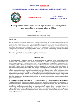 A Study of the Correlation Between Agricultural Economic Growth and Agricultural Agglomeration in China