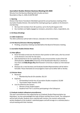 Journalism Studies Division Business Meeting ICA 2020 Minutes from the Business Meeting Held Virtually Via Zoom Recorded on May 11, 2020, 01:00 PM GMT