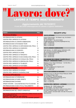 LAVORO a TEMPO INDETERMINATO Aggiornamento Del 19/10/2013 a Cura Dei Centri Informagiovani Di Latisana E Lignano Sabbiadoro