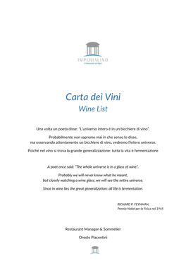 Carta Dei Vini Wine List