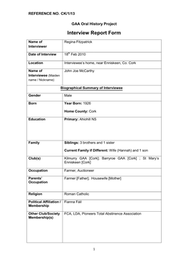 GAA Oral History Project Interview Report Form