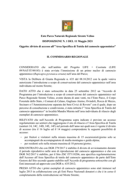 Ente Parco Naturale Regionale Sirente Velino DISPOSIZIONE N. 1 DEL 11 Maggio 2021 Oggetto: Divieto Di Accesso All’”Area Specifica Di Tutela Del Camoscio Appenninico”