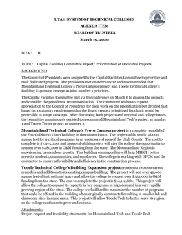 UTAH SYSTEM of TECHNICAL COLLEGES AGENDA ITEM BOARD of TRUSTEES March 19, 2020
