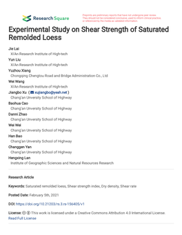 Experimental Study on Shear Strength of Saturated Remolded Loess