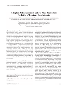 A Higher Body Mass Index and Fat Mass Are Factors Predictive of Docetaxel Dose Intensity