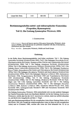 Bestimmungstabellen Mittel- Und Südeuropäischer Eumeniden (Vespoidea, Hymenoptera) Teil 12. Die Gattung Symmorphus WESMAEL 1836