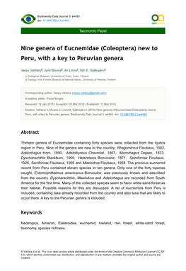 Nine Genera of Eucnemidae (Coleoptera) New to Peru, with a Key to Peruvian Genera