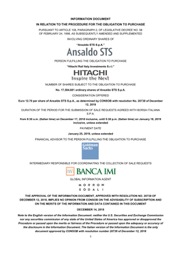 Information Document in Relation to the Procedure for the Obligation to Purchase Pursuant to Article 108, Paragraph 2, of Legislative Decree No