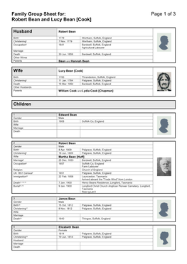 Family Group Sheet of Robert Bean and Lucy Bean [Cook]