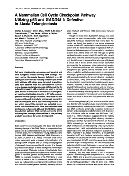 A Mammalian Cell Cycle Checkpoint Pathway Utilizing ~53 and GADD45 Is Defective in Ataxia-Telangiectasia