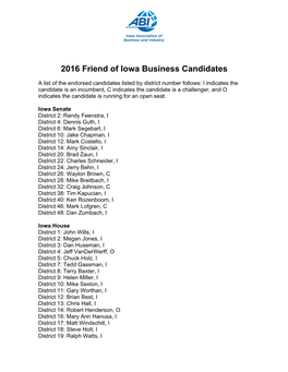 2016 Friend of Iowa Business Candidates