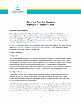 Career and Technical Education Highlights for September 2018