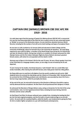 Captain Eric (Winkle) Brown Cbe Dsc Afc Rn 1919 - 2016
