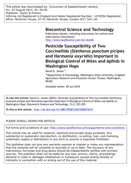 Stethorus Punctum Picipes and Harmonia Axyridis) Important in Biological Control of Mites and Aphids in Washington Hops David G