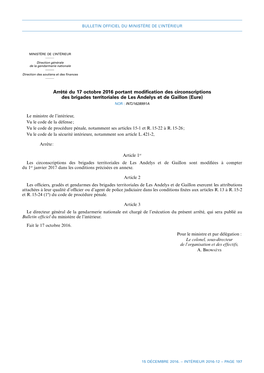 Arrêté Du 17 Octobre 2016 Portant Modification Des Circonscriptions Des Brigades Territoriales De Les Andelys Et De Gaillon