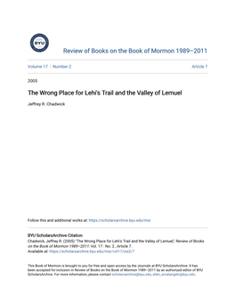 The Wrong Place for Lehi's Trail and the Valley of Lemuel