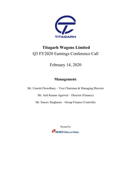 Titagarh Wagons Limited Q3 FY2020 Earnings Conference Call February