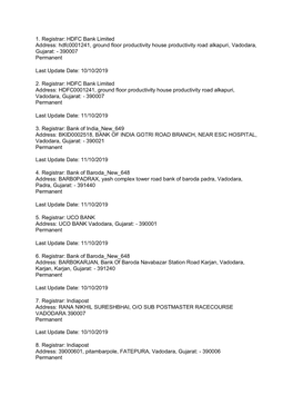 1. Registrar: HDFC Bank Limited Address: Hdfc0001241, Ground Floor Productivity House Productivity Road Alkapuri, Vadodara, Gujarat: - 390007 Permanent