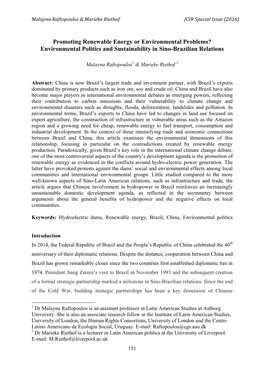 Promoting Renewable Energy Or Environmental Problems? Environmental Politics and Sustainability in Sino-Brazilian Relations