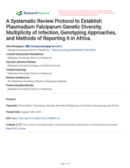 A Systematic Review Protocol to Establish Plasmodium Falciparum