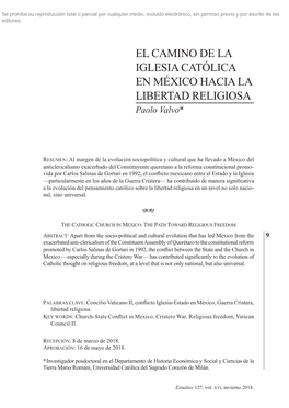 EL CAMINO DE LA IGLESIA CATÓLICA EN MÉXICO HACIA LA LIBERTAD RELIGIOSA Paolo Valvo*