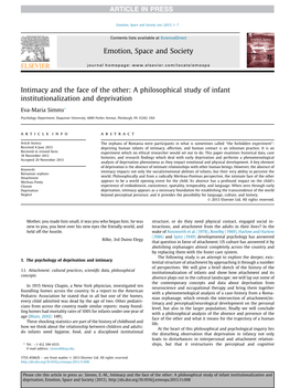 Intimacy and the Face of the Other: a Philosophical Study of Infant Institutionalization and Deprivation