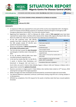 2017/2018 CEREBRO-SPINAL MENINGITIS OUTBREAK in NIGERIA SERIAL NUMBER: 6 EPI-WEEK: 4 DATE: February 02, 2018 HIGH