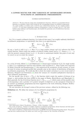 A LOWER BOUND for the VARIANCE of GENERALIZED DIVISOR FUNCTIONS in ARITHMETIC PROGRESSIONS 1. Introduction Let F Be a Complex Ar