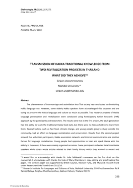 Transmission of Hakka Traditional Knowledge from Two Revitalization Projects in Thailand: What Did They Achieve?1