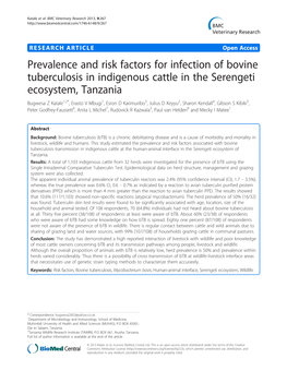 Prevalence and Risk Factors for Infection of Bovine Tuberculosis In