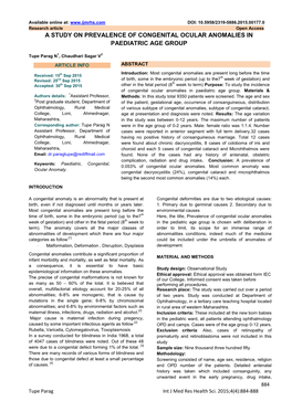 A Study on Prevalence of Congenital Ocular Anomalies in Paediatric Age Group