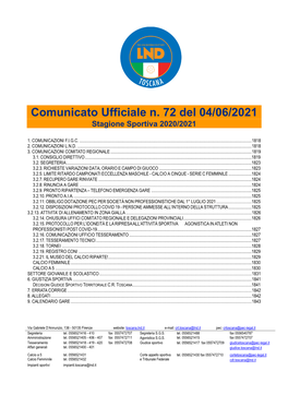 Comunicato Ufficiale N. 72 Del 04/06/2021