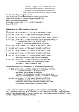 Proposal to Encode 10 Latin Letters with Diagonal Stroke