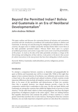 Beyond the Permitted Indian? Bolivia and Guatemala in an Era of Neoliberal Developmentalism1 John-Andrew Mcneish